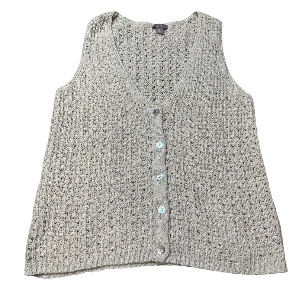 🧶 J. Jill Beige Knit Vest Linen Cotton Blend‎ Button Front Size M 🌾